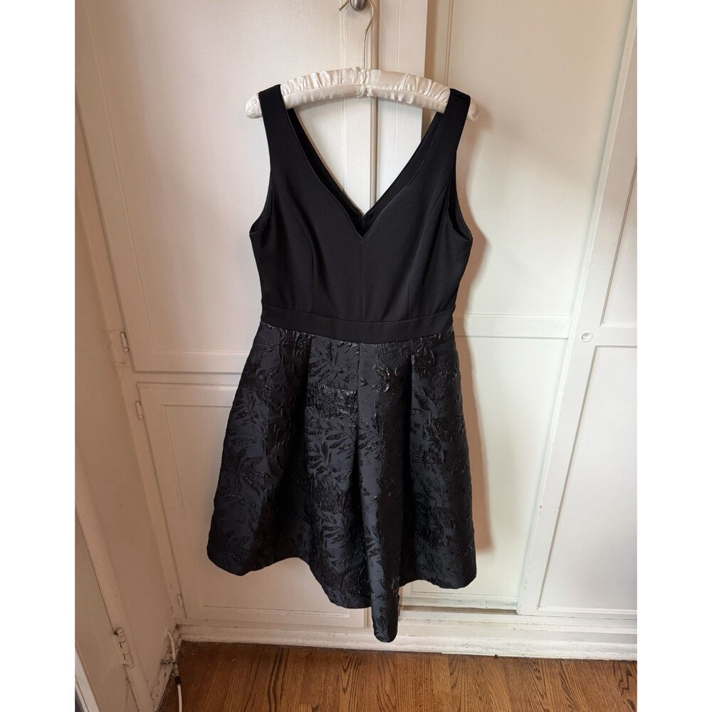 White House Black Market Black Jacquard V Neck Fit Flare Dress - Size 12